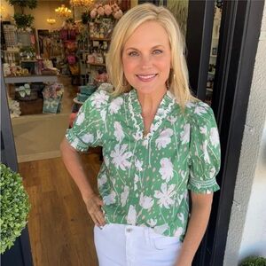 Entro Green Floral Blouse with White Accents